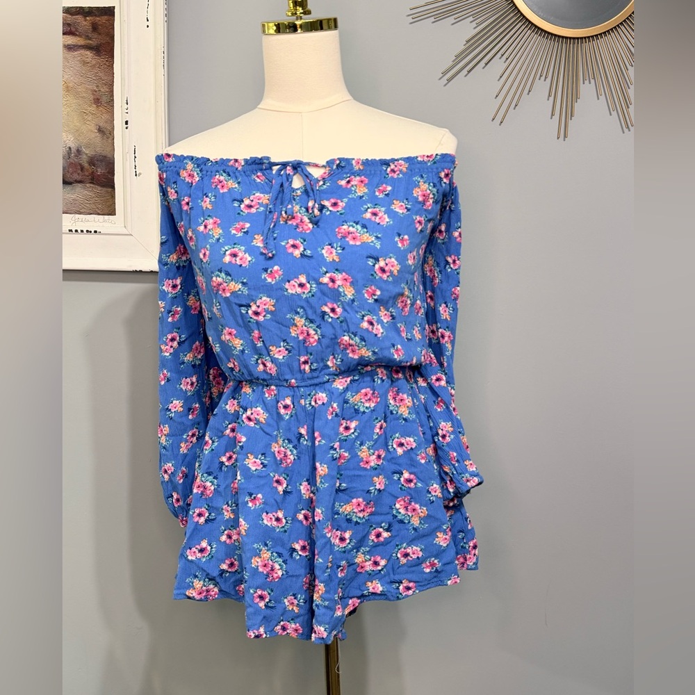 Mi Ami Blue Floral Off The Shoulder Romper